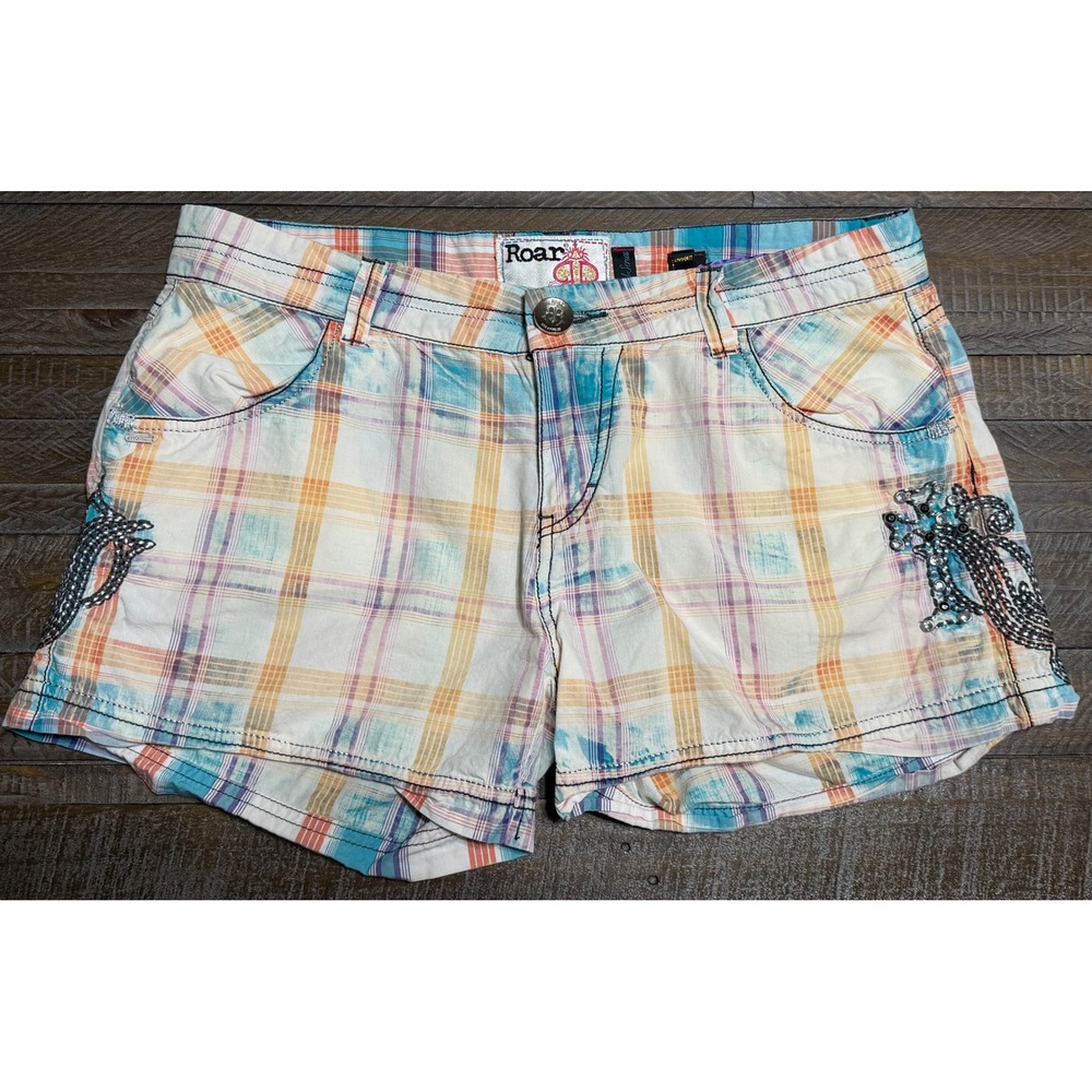 Roar Plaid Shorts Womens 30 Multicolor New Y2K Rhinestone Cross Embellished
